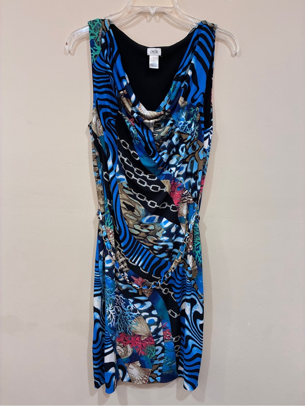Cache Blue Multi-Print Sleeveless Cowl Neck Midi Dress